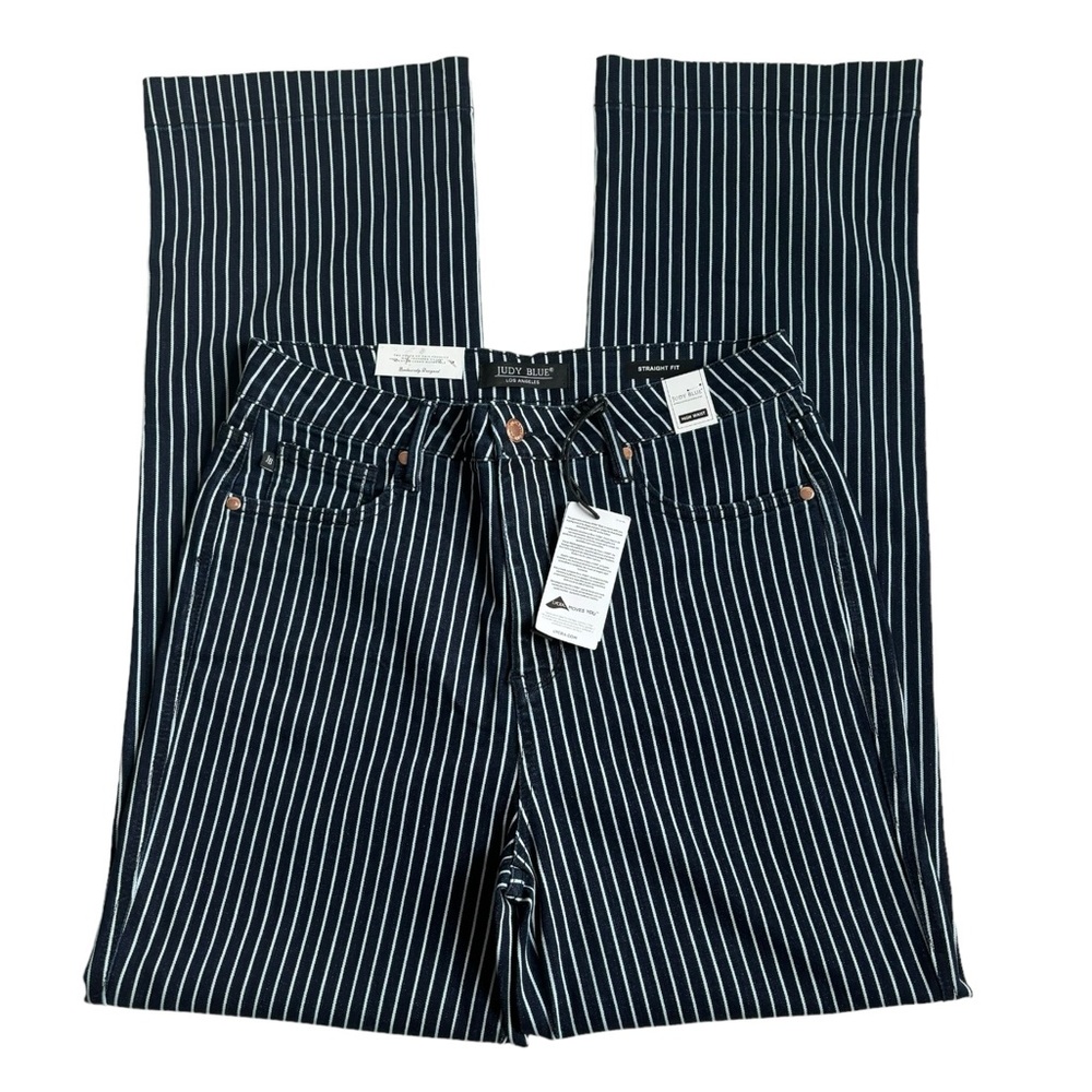Judy Blue Tummy Control Striped Blue White Straight Leg Jeans Size 15/32 - Picture 3 of 17